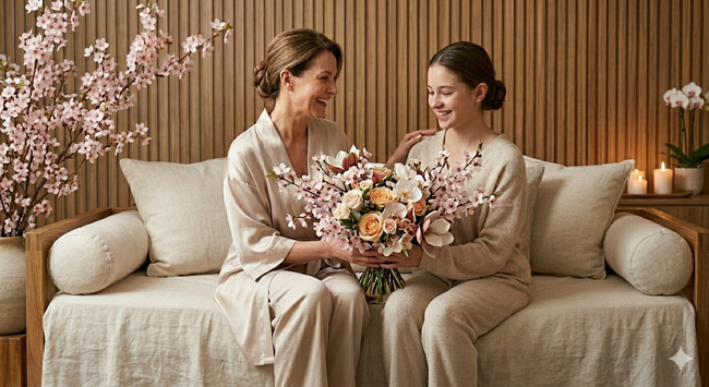 Two women in cream outfits sit on a sofa holding a bouquet in a cozy floral room.