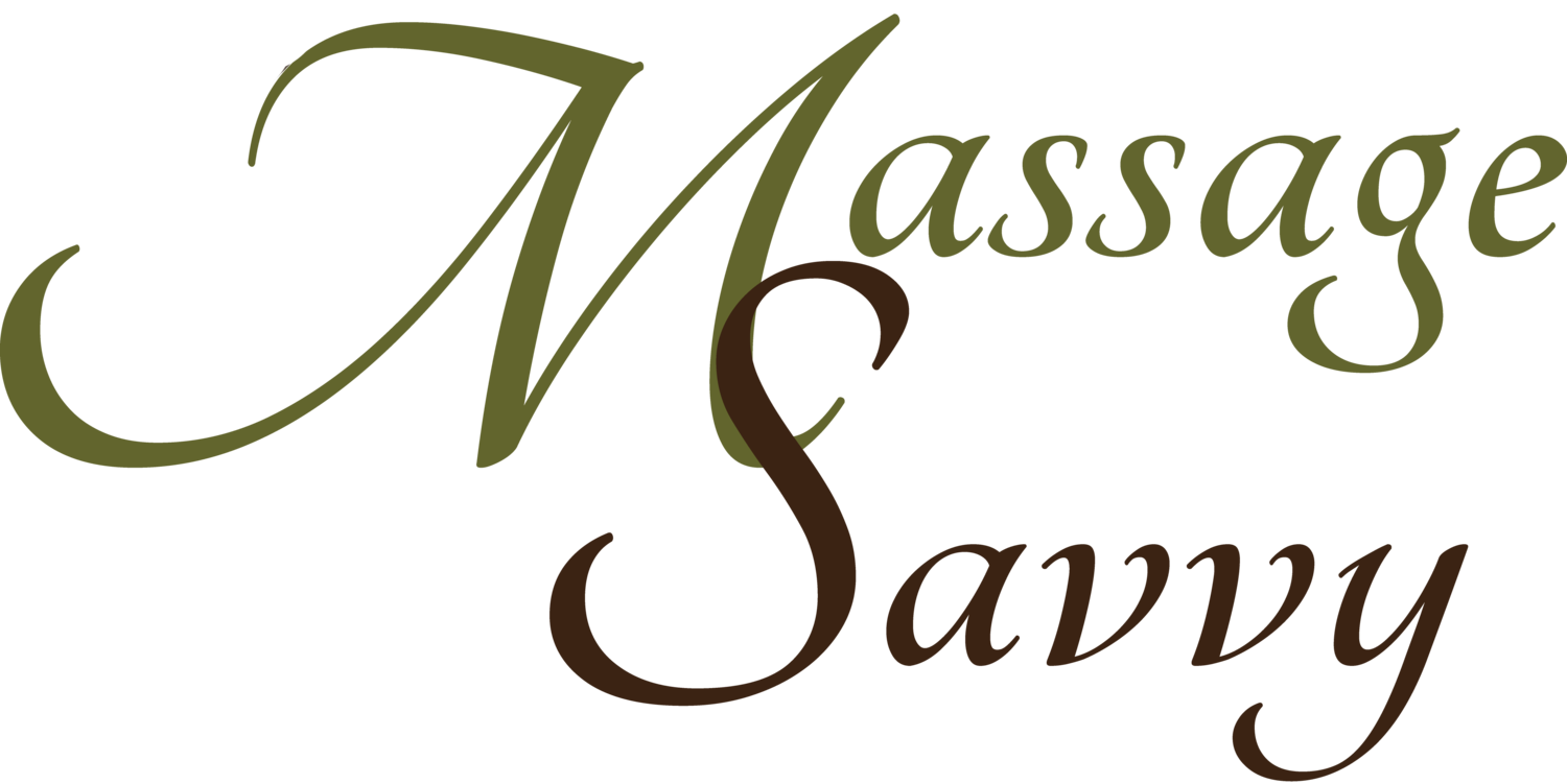 Logo for "Massage Savvy" with script font in green and brown.