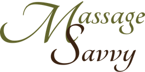 Logo for "Massage Savvy" with script font in green and brown.