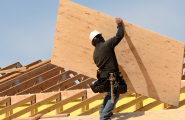 man holding plywood for roof replacement