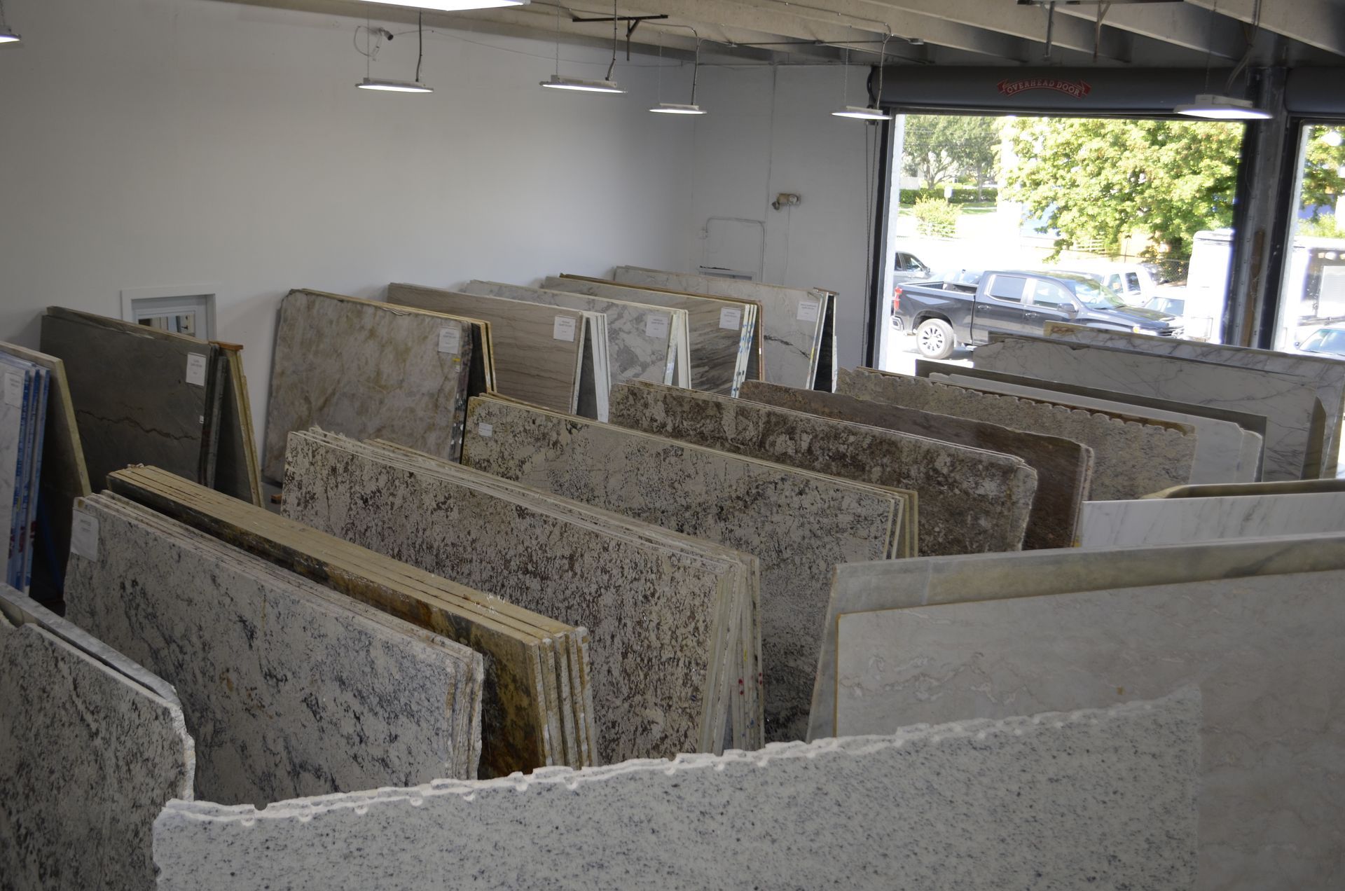 Granite slabs on display inside a showroom