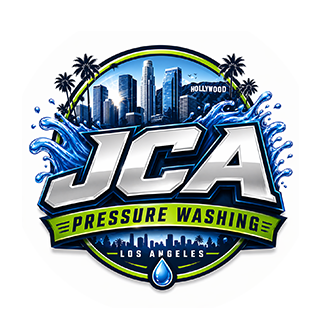 JCA Pressure Washing logo with blue water splash, Los Angeles skyline, and palm trees