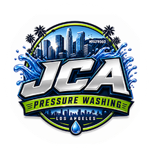 JCA Pressure Washing logo with blue water splash, Los Angeles skyline, and palm trees