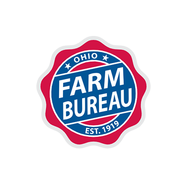 Ohio Farm Bureau logo: blue and white text on a red background, with a white scalloped border.