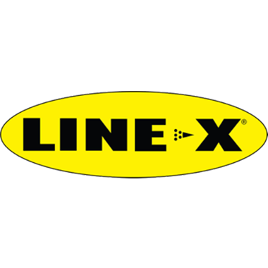 Line-X logo inside a yellow oval. Black text reads LINE-X with a spray pattern.