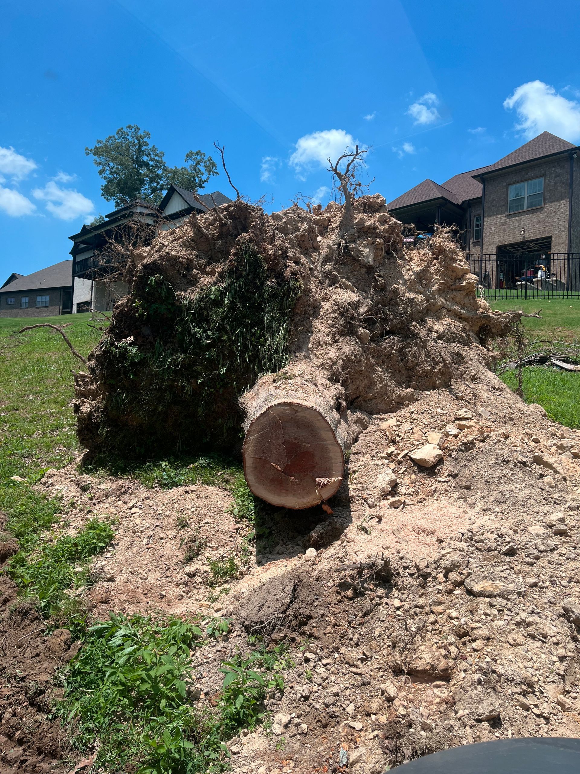 A large log is sitting on top of a pile of dirt in a field.