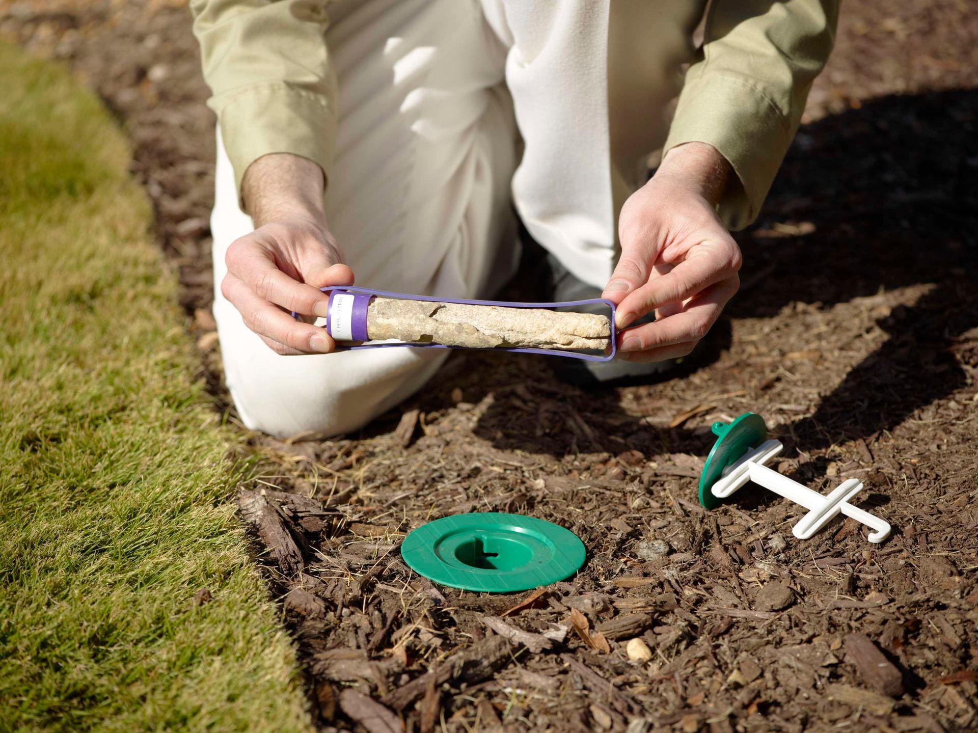 Person kneeling, installing an insect bait station in a garden.