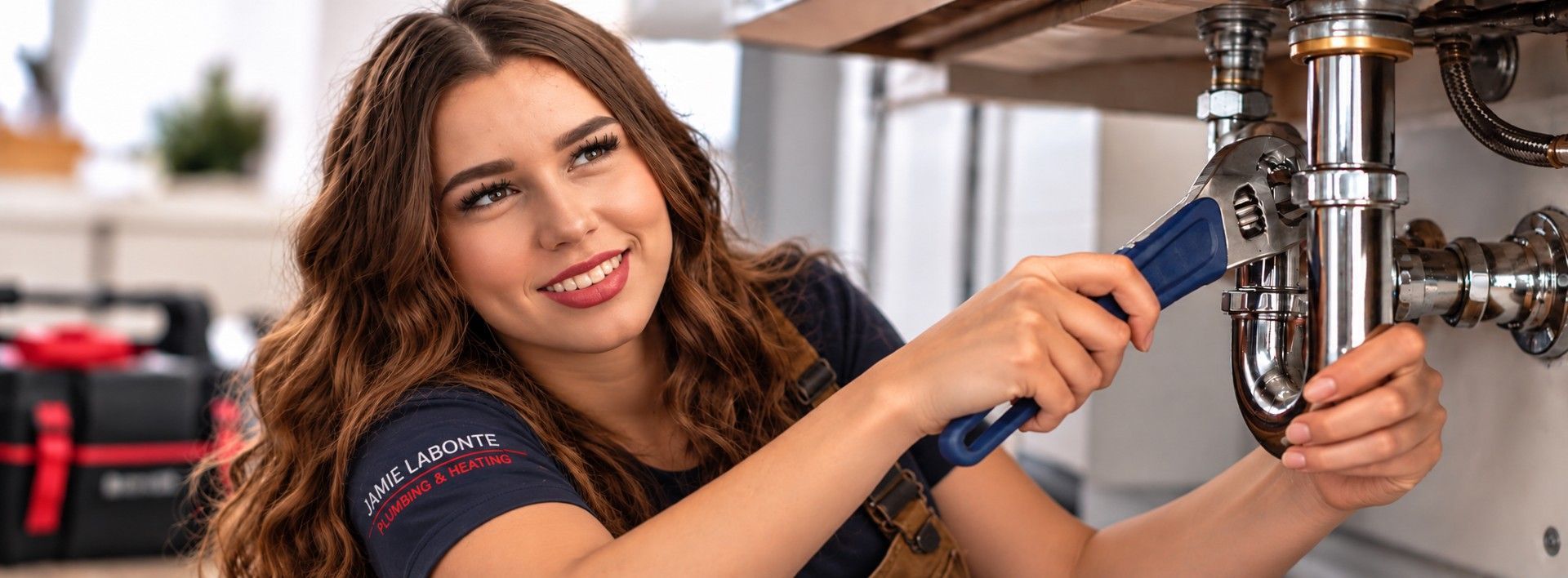 Mechanic tightening a pipe connection with a wrench in a workshop, smiling at the camera