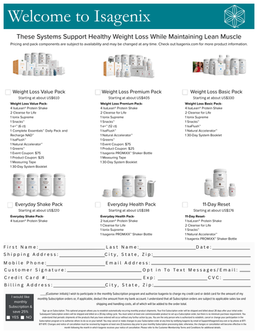 Isagenix product promotion flyer: Weight loss systems and product details, form for contact information.
