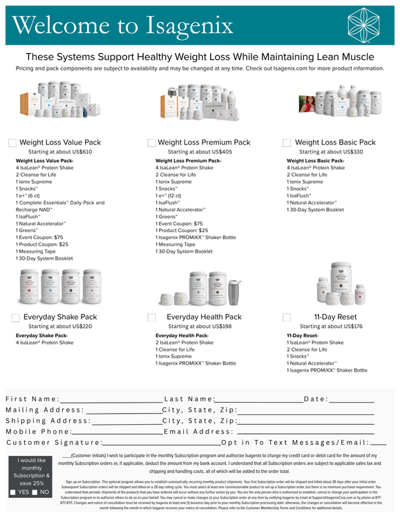 Isagenix product promotion flyer: Weight loss systems and product details, form for contact information.