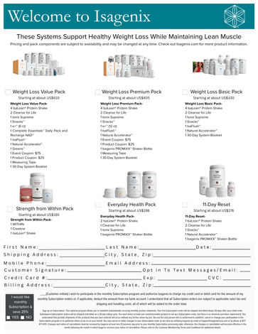 Isagenix product promotion flyer: Weight loss systems and product details, form for contact information.