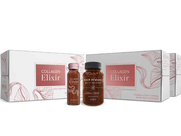 A bottle of collagen elixir is sitting next to a box of collagen Elixir