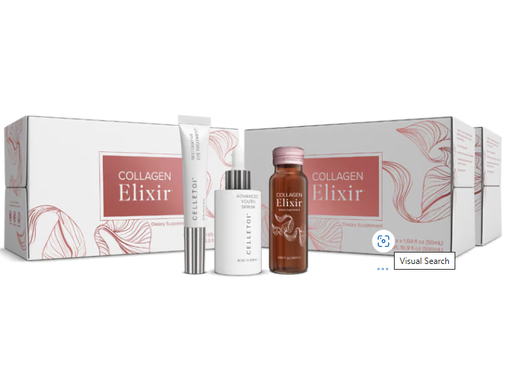 A box of collagen Elixir, a bottle of collagen Elixir, and a bottle of collagen Elixir