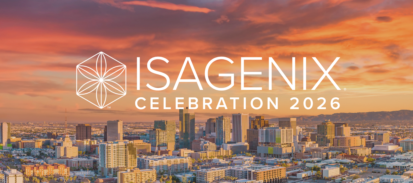 Isagenix Celebration 2026 logo over a cityscape at sunset.