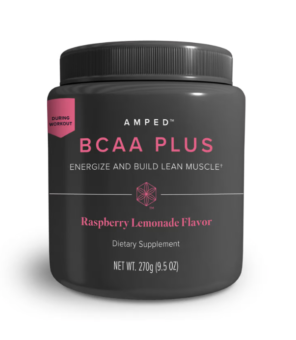 A jar of BCAA plus raspberry lemonade flavor