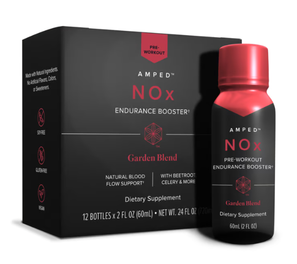 A bottle of NOx endurance booster next to its box