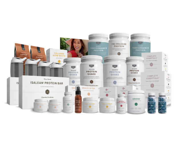 A variety of healthy foods and supplements are stacked on top of each other on a white background