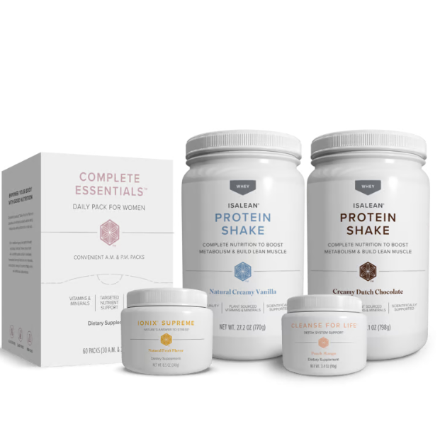 A box of complete essentials protein shake and three bottles of protein shake