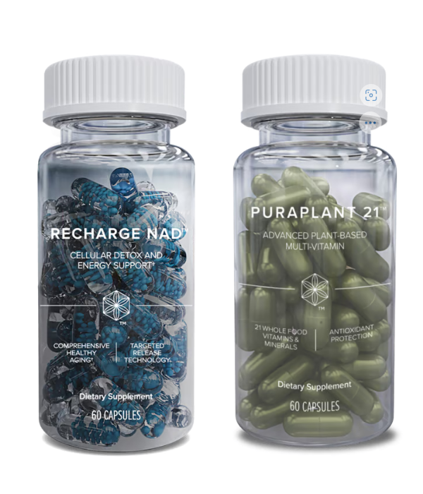 A bottle of recharge NAD and a bottle of Puraplant 21
