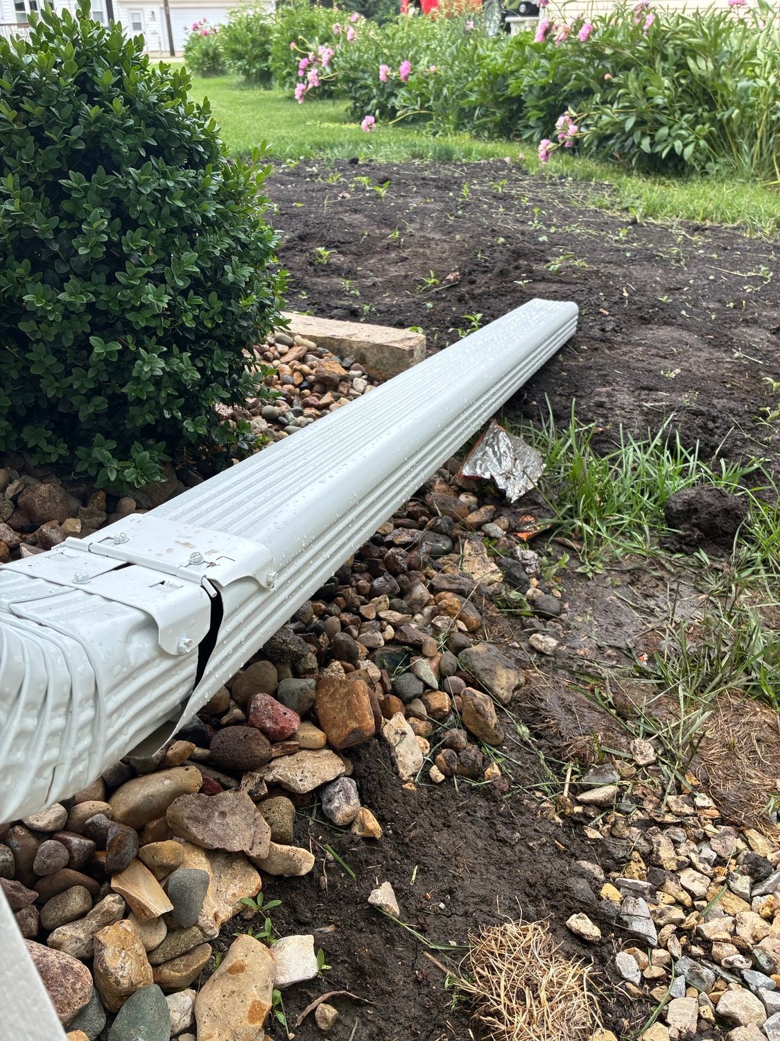 White gutter or downspout laid on rocks beside a dirt garden path and green shrubs