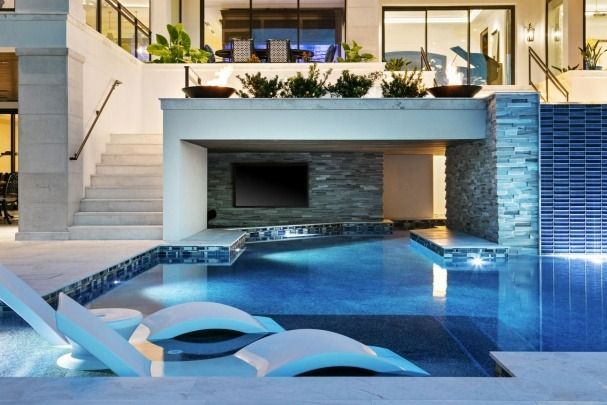 A large swimming pool in the backyard of a house