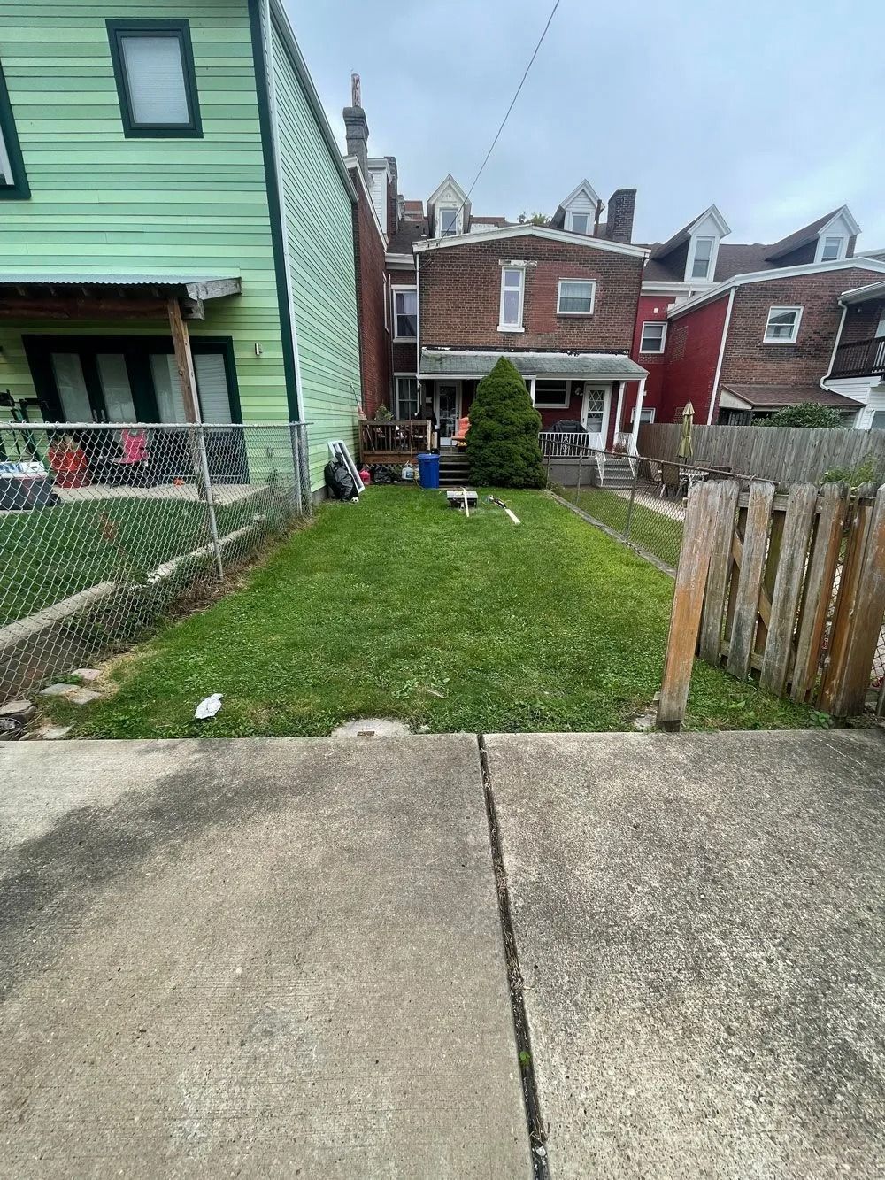 Backyard with green grass, small trees, and surrounding houses. Concrete sidewalk in the foreground.