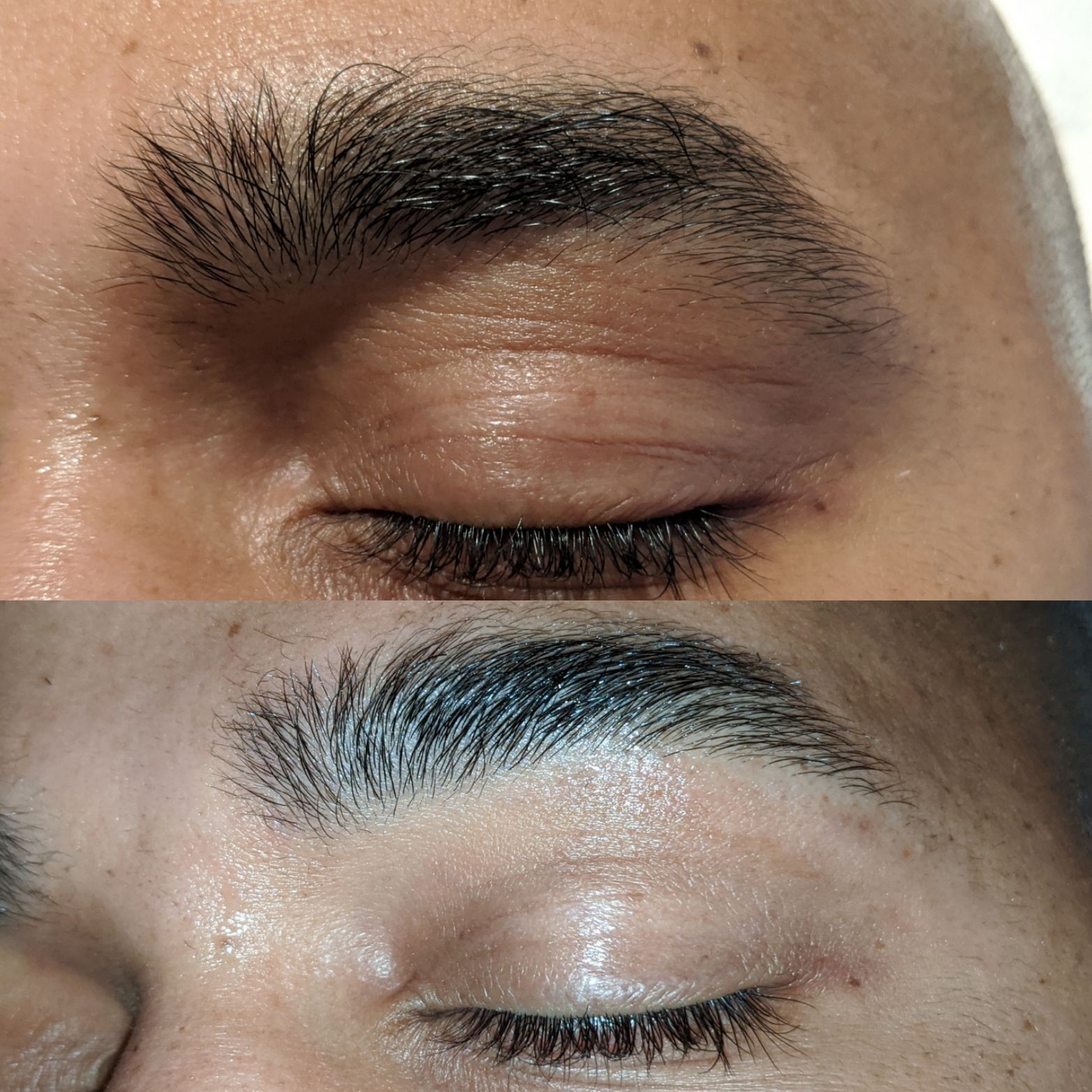 A before and after picture of a man's eyebrows.
