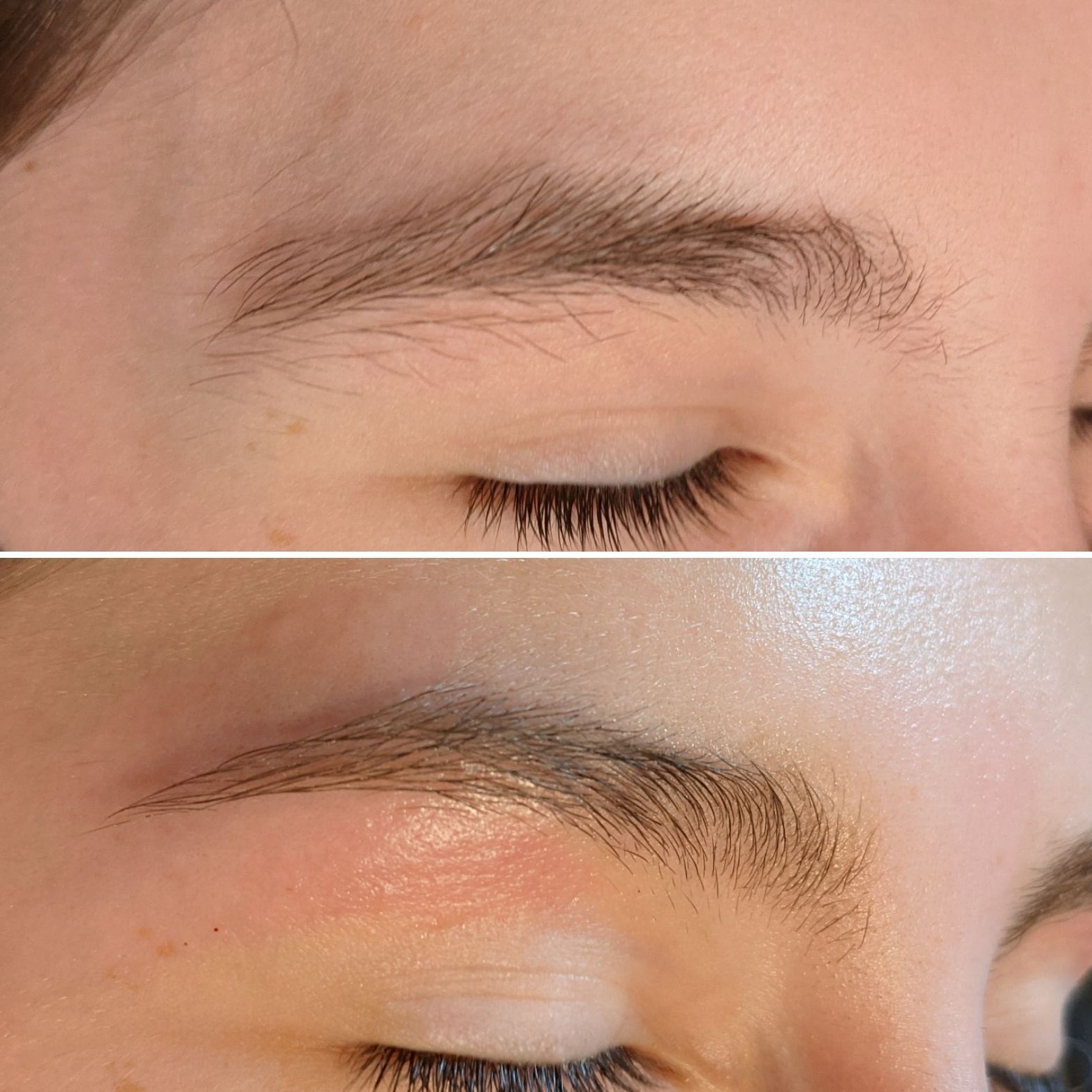 A before and after photo of a woman's eyebrows and eyelashes.