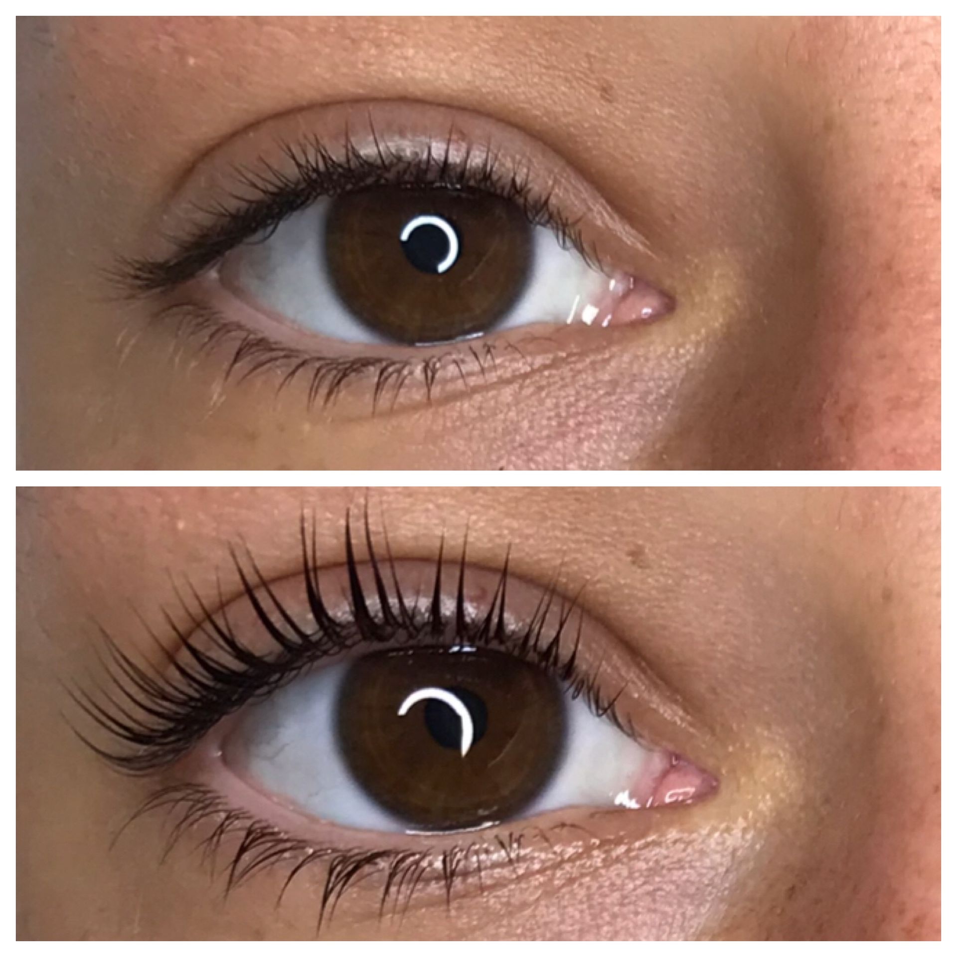 A before and after photo of a woman's eye with lashes.