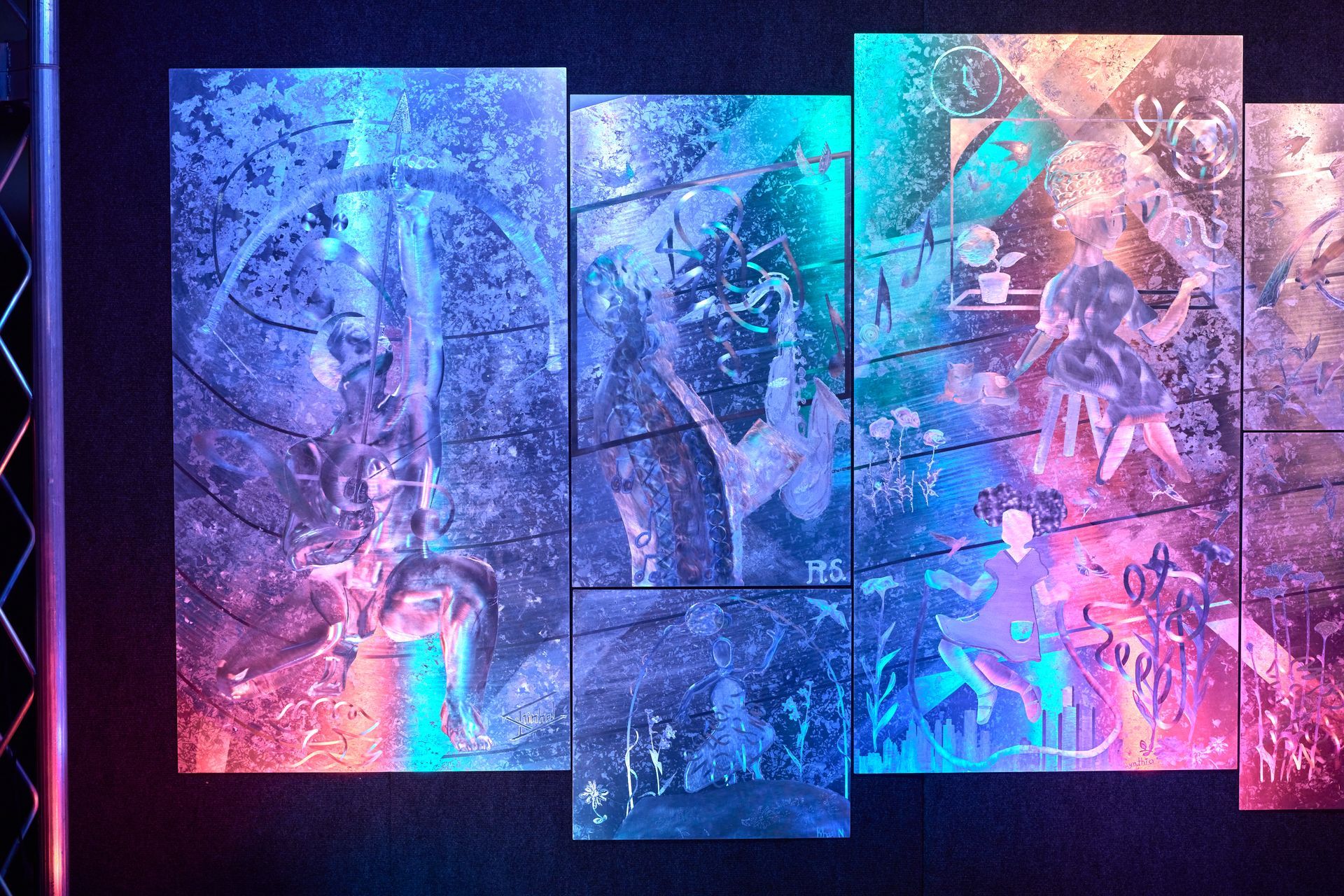 A painting is hanging on a wall in a dark room