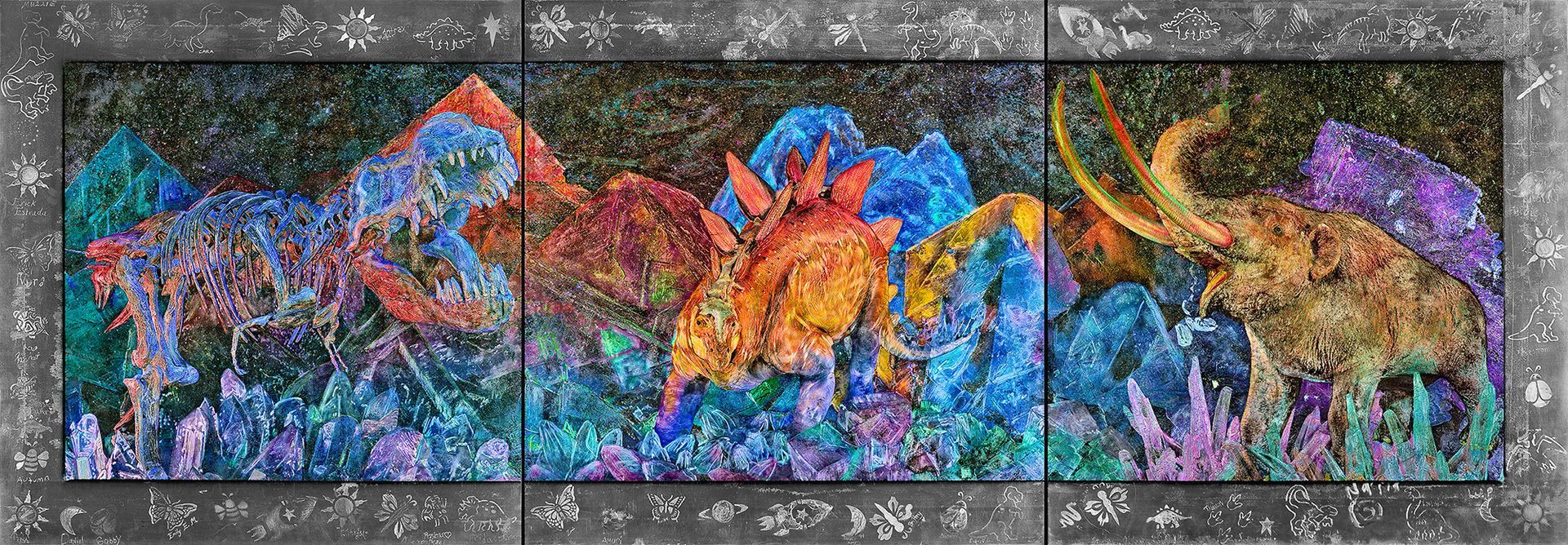 A colorful painting of a landscape with mountains in the background