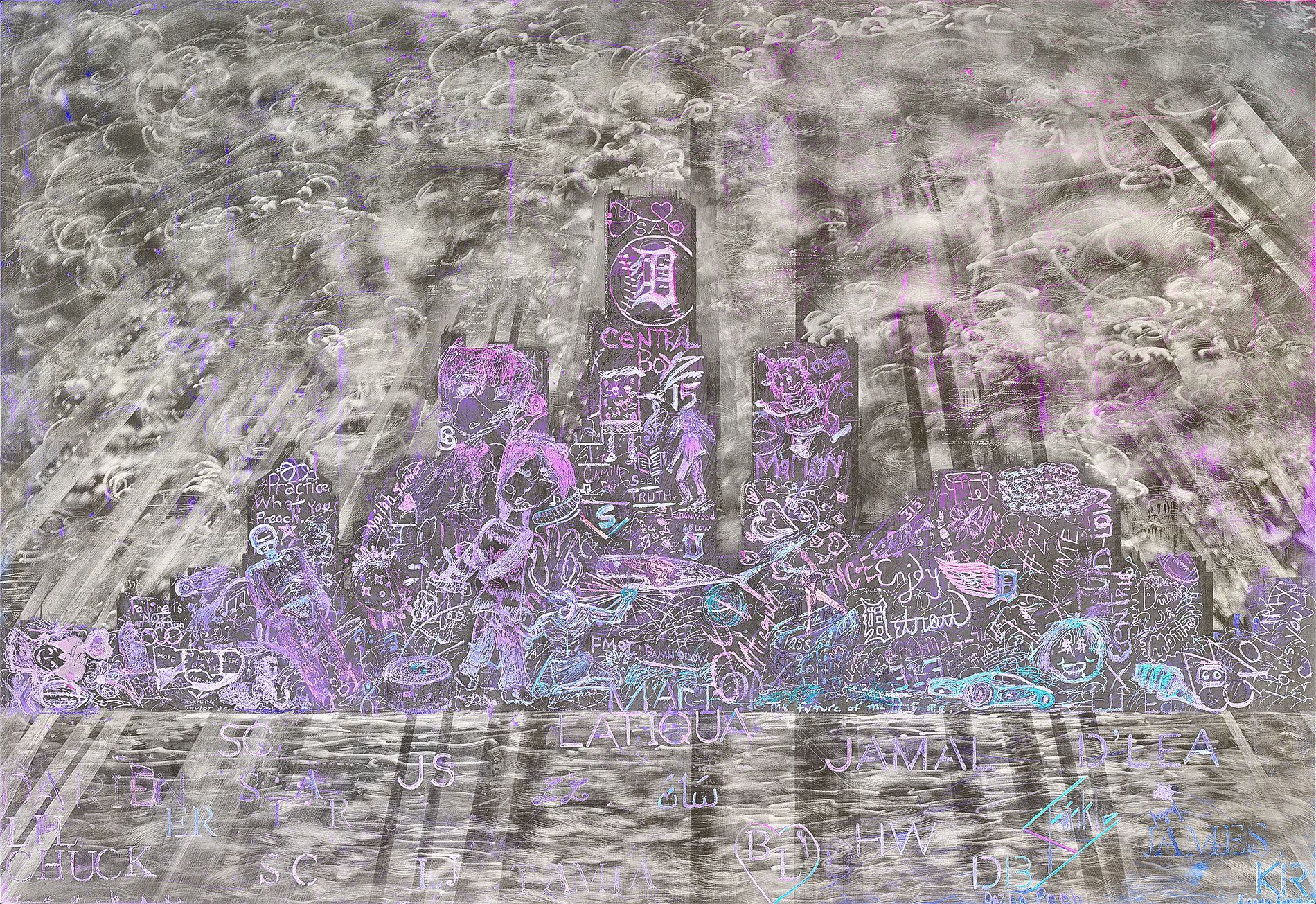 It is a painting of a city skyline with purple buildings.
