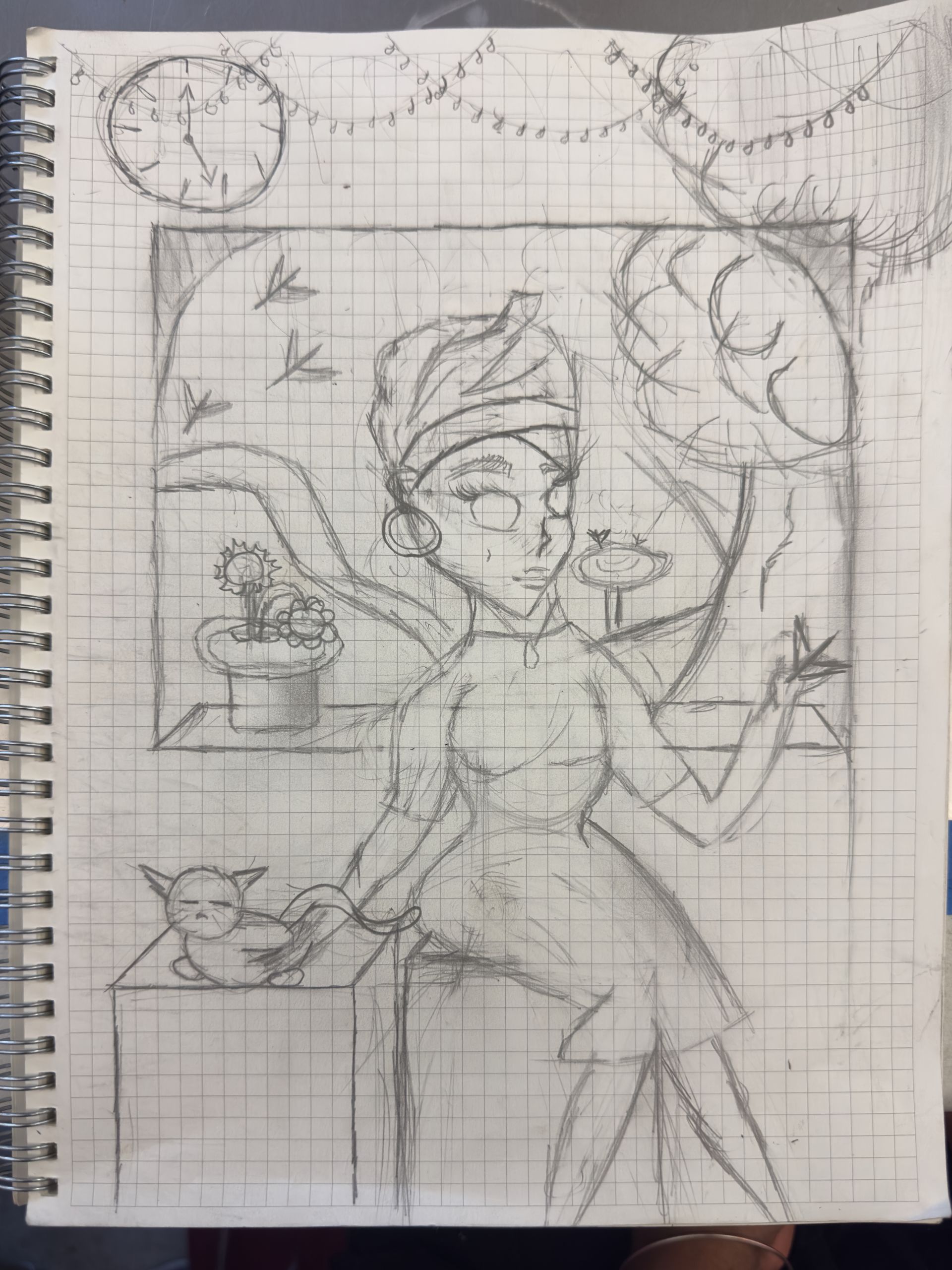 A drawing of a fairy sitting at a table with a cup of tea.