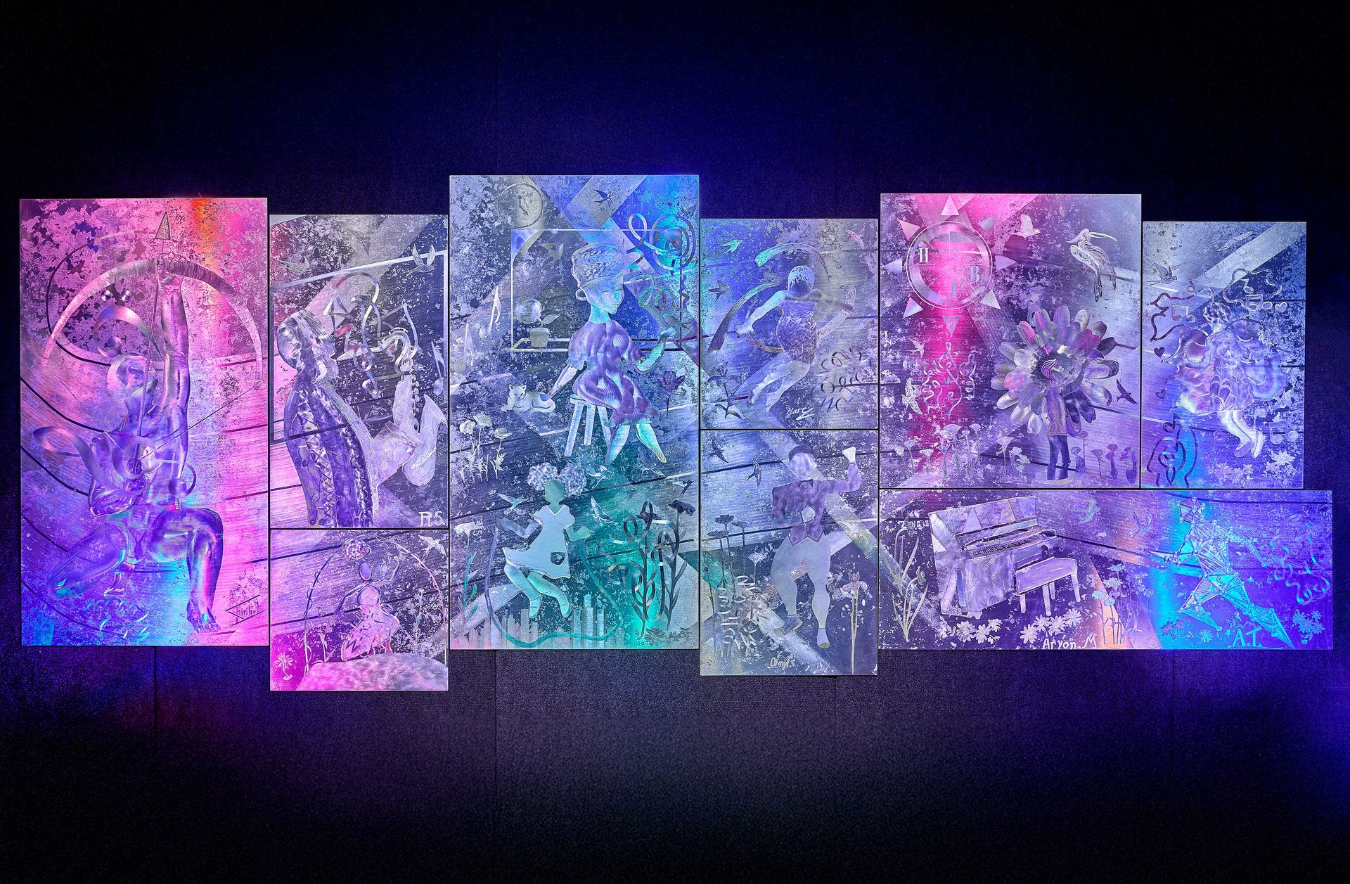 A painting on a wall with a blue light behind it.