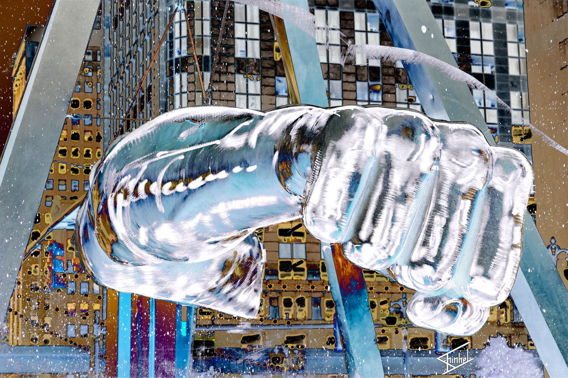 A painting of a squid with buildings in the background