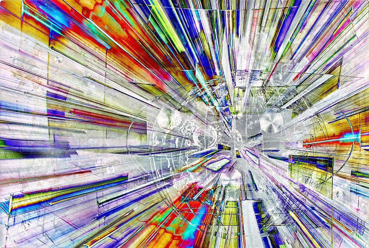 A colorful abstract painting of a tunnel with a lot of lights coming out of it.