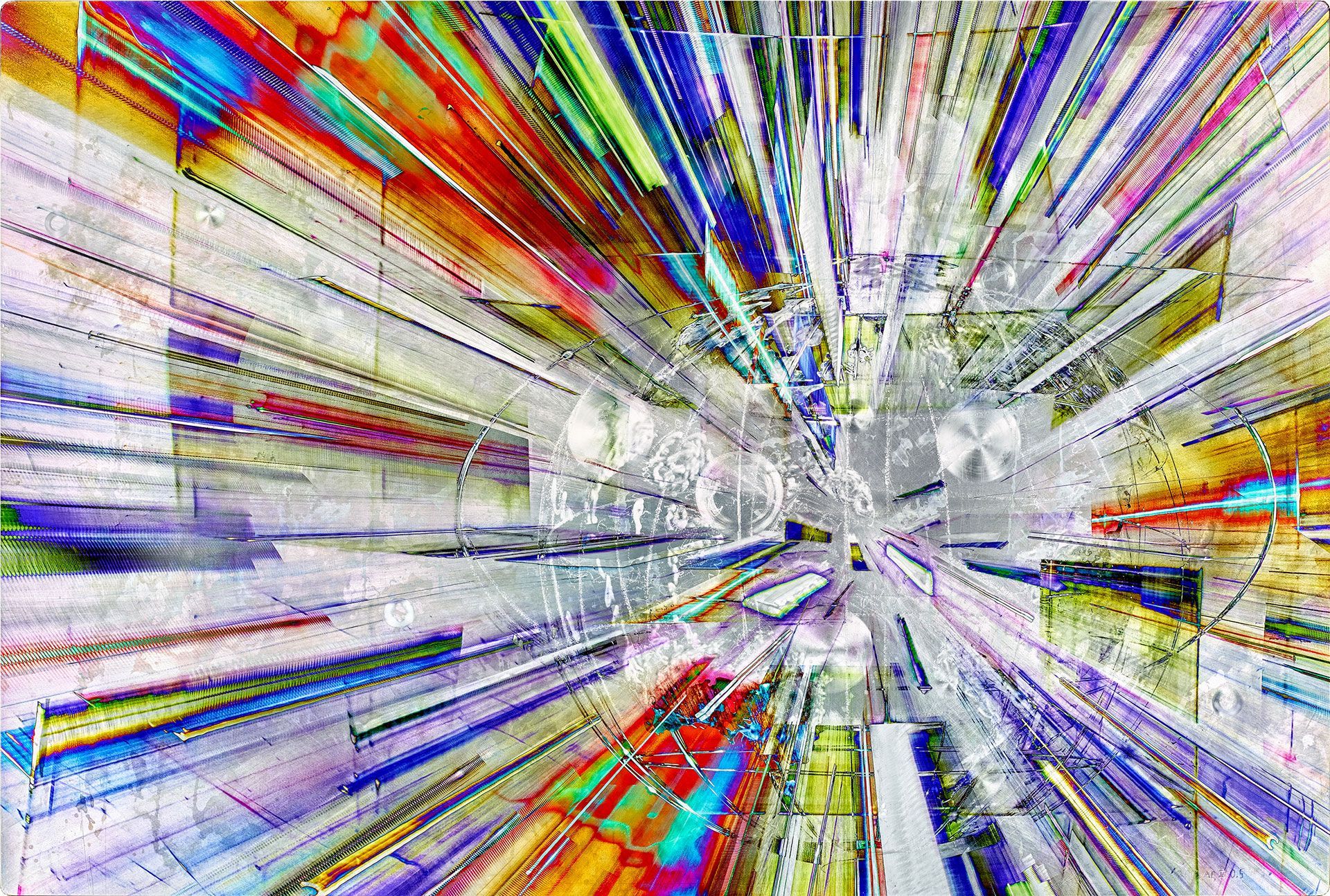 A colorful abstract painting of a tunnel with a lot of lights coming out of it.