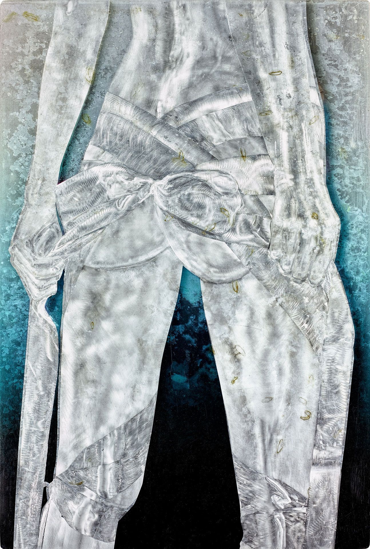 A close up of a painting of a person 's legs on a blue background.