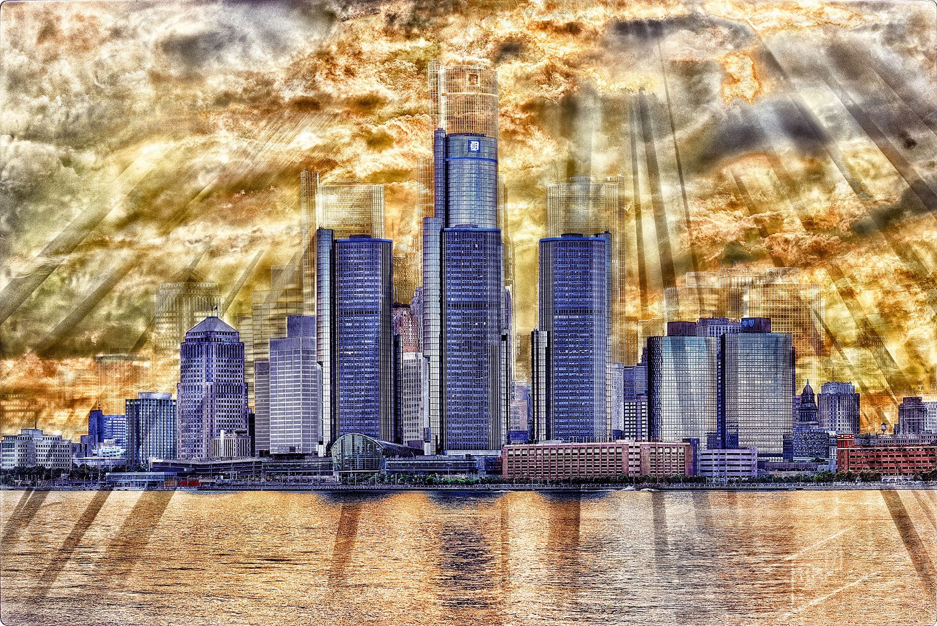 A painting of a city skyline overlooking a body of water.
