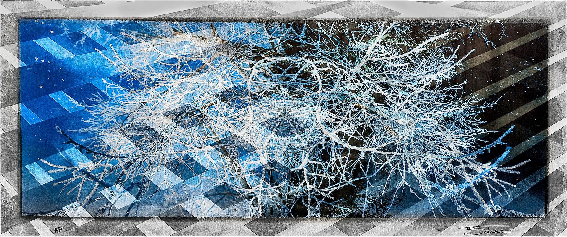 A painting of a tree with a blue sky in the background is hanging on a wall.