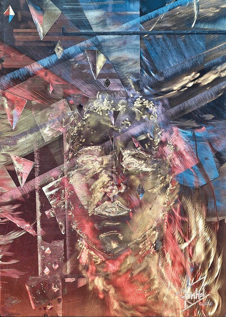 A close up of a colorful metal art on a wall.