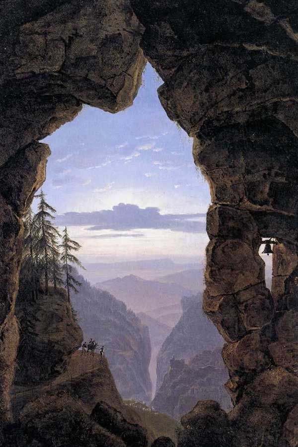 A painting of a view of a canyon through a cave.