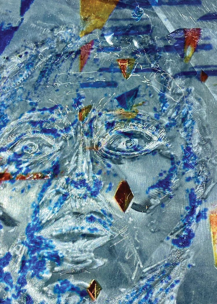 A close up of an art of a man's face in the water.
