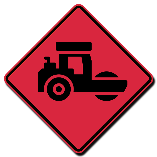 A red sign with a black tractor on it