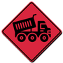 A red sign with a dump truck on it