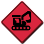 A red sign with a black excavator on it