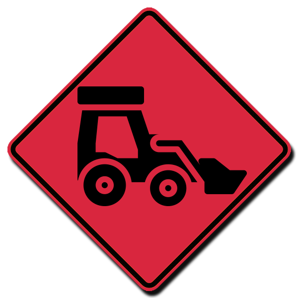 A red sign with a black tractor on it