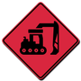 A red sign with a black excavator on it