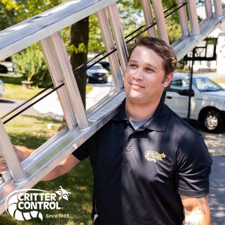 A man carrying a ladder with the word critter control on it