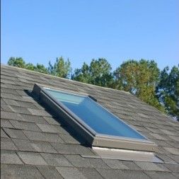 A skylight on top of a roof with trees in the background